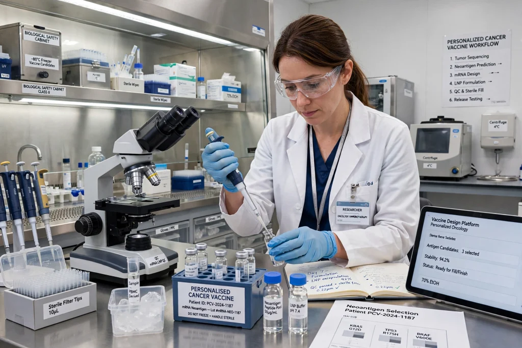 Ovarian Cancer Vaccine Combination Passes Early Safety Test Researcher preparing a personalised cancer vaccine in a laboratory